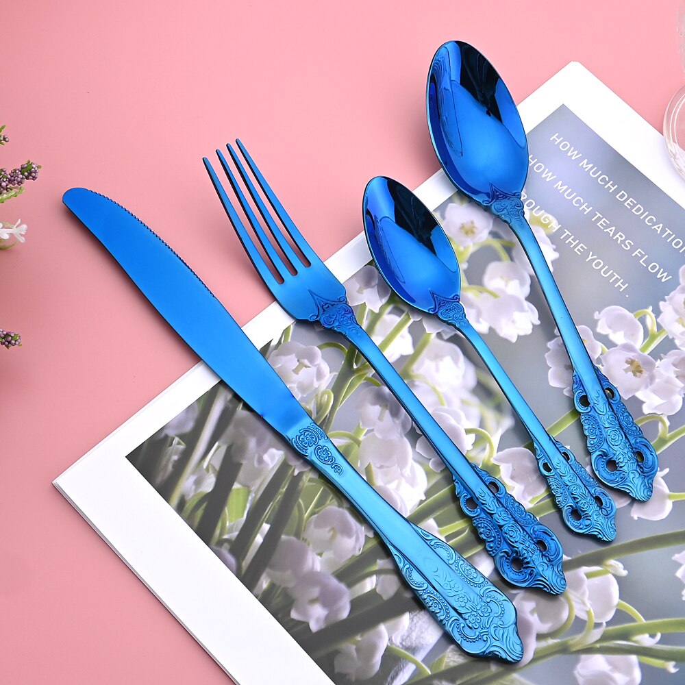 24Pcs Blue Cutlery Set Knives Fork Tea Spoon Dinner Tableware 304 Stainless Steel Dinnerware Set Kitchen Flatware Silverware