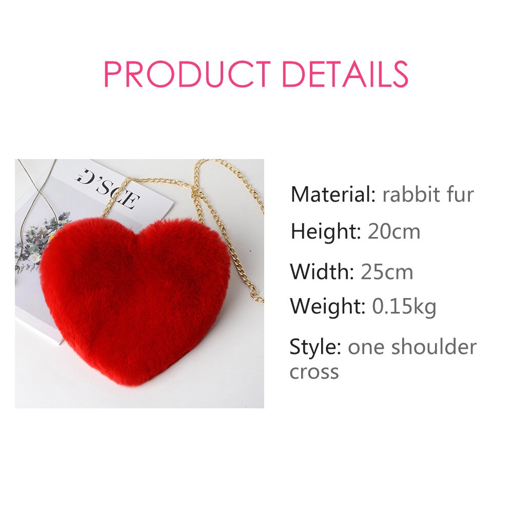 Women's Heart Shaped Handbags Cute Kawaii Faux Fur Crossbody Bags Wallet Purse Chain Shoulder Bag Lady Handbag Girl
