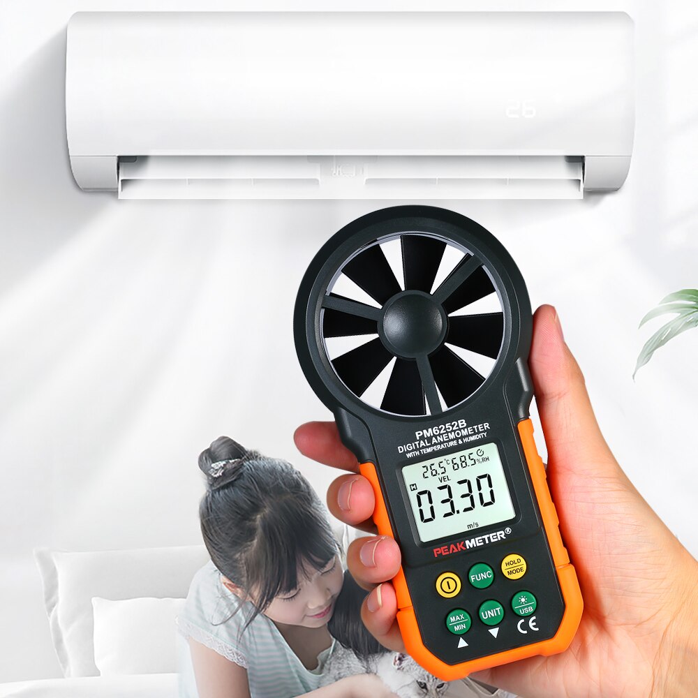 PEAKMETER Digital Anemometer Wind Speed Meter LCD Digital Anemometer Air Volume/Temperature/Humidity Detector