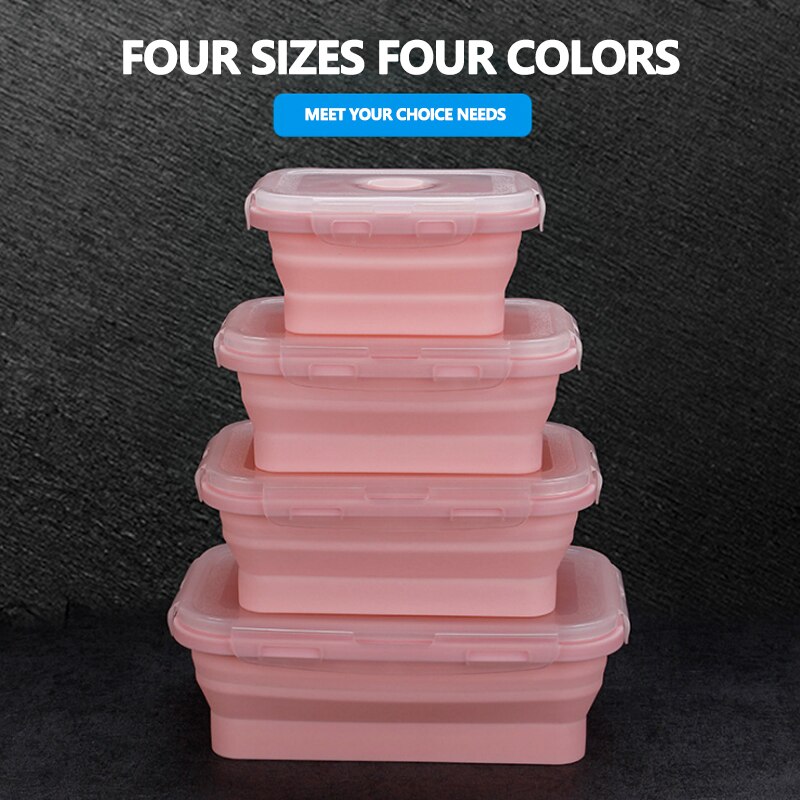 4pcs/set Silicone Lunch Box Set Stackable Bento Food Prep Container Foldable Lunchbox Microwave Dinner Storage Containers: pink4