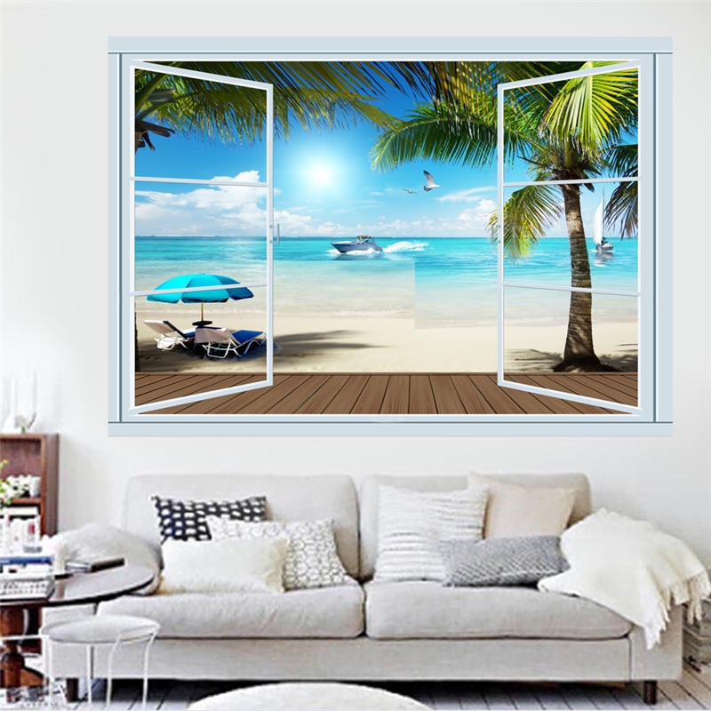 3d vivid window Beach Palm tree wall decals living room bedroom home decor art cartoon wall stickers posters