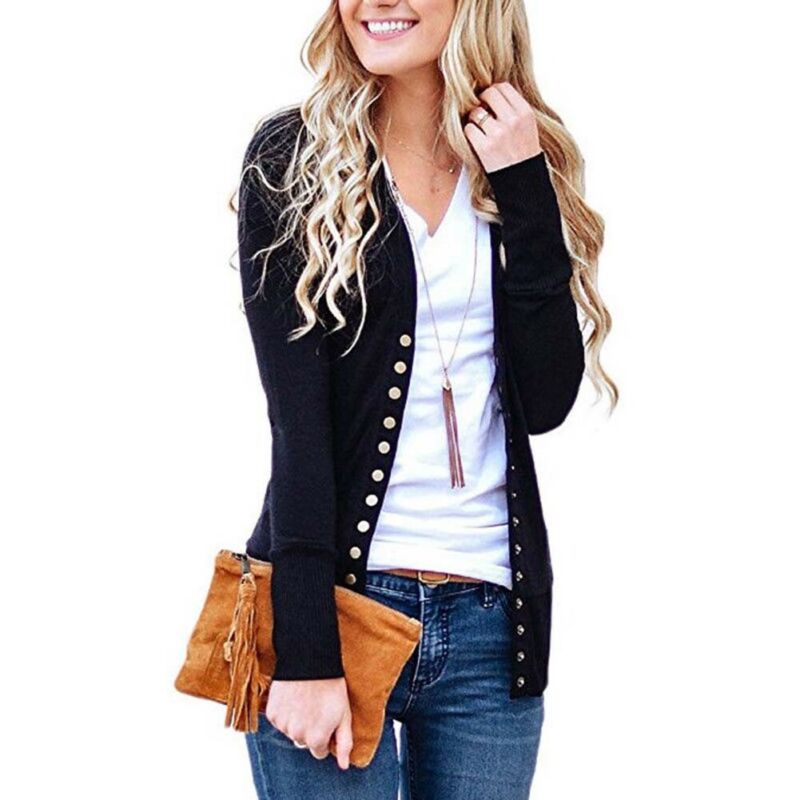 Pull en tricot à manches longues et col en V pour femme, pull ample avec bouton-pression, style rétro, tendance, automne hiver