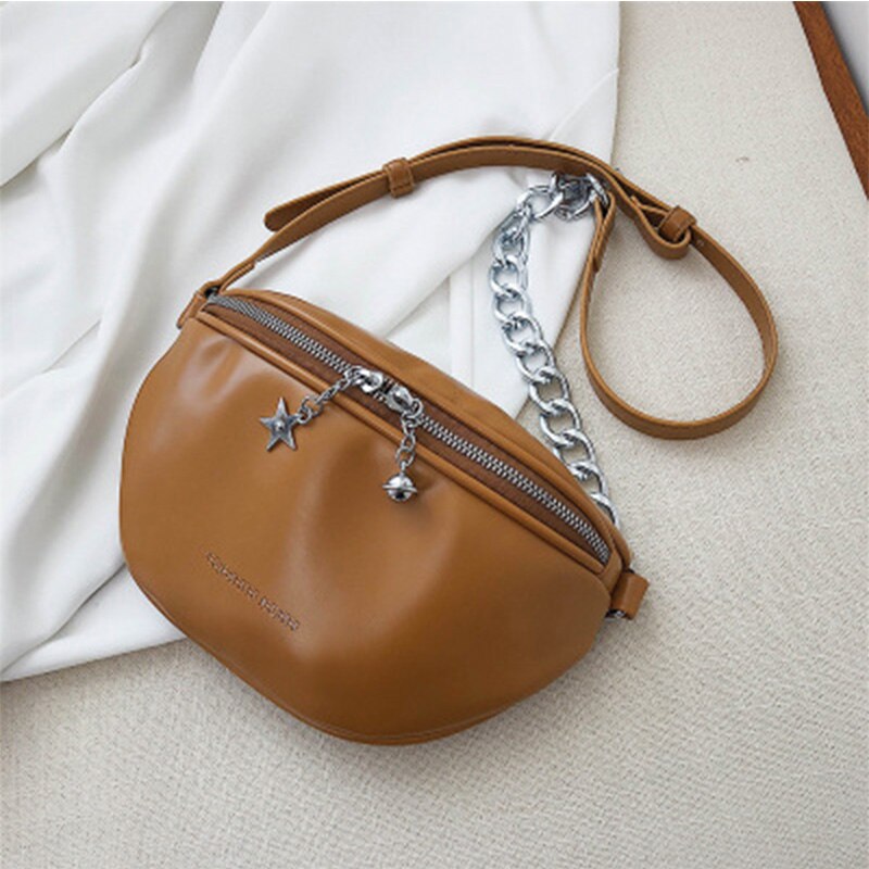 Riñonera de cuero PU con cremallera para mujer, bolso cruzado informal, a la , resistente al agua: Brown belt bag