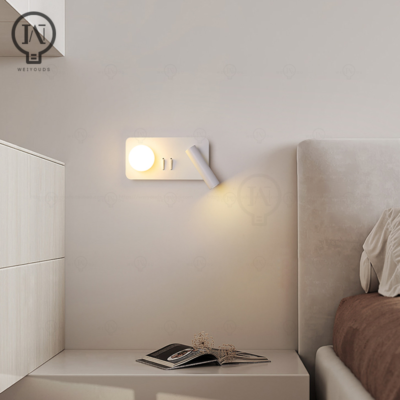 Hvit vegglampe bakgrunnsbelysning 350 gradere rotasjon justerbar vegglampe hotellsoverom nattbordsstudie lesebordslampe med bryter