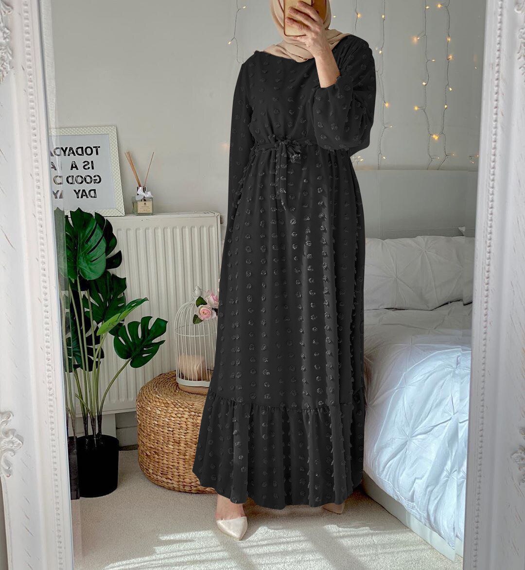 Wepbel – Robe musulmane à manches longues, col rond, Abaya, petite boule de fourrure, musulmane, grande taille, Robe Maxi arabe