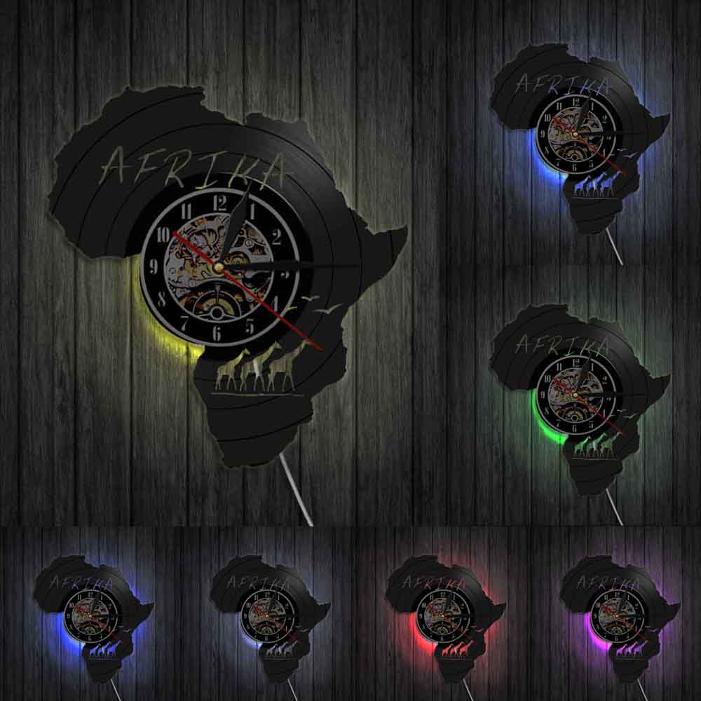 Afrikanische Vinyl aufzeichnen Wanduhr Heimat Dekor Kunst Zauberstab Hängen Uhr Einzigartige Moderne Afrika Karte Silhouette Uhren Mit LED Beleuchtung