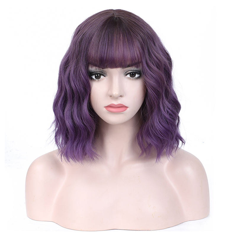 Perucas de cabelo curto ondulado sintético da onda de água com franja fibra resistente ao calor cosplay peruca de cabelo diário preto vermelho azul claro: Dark Purple
