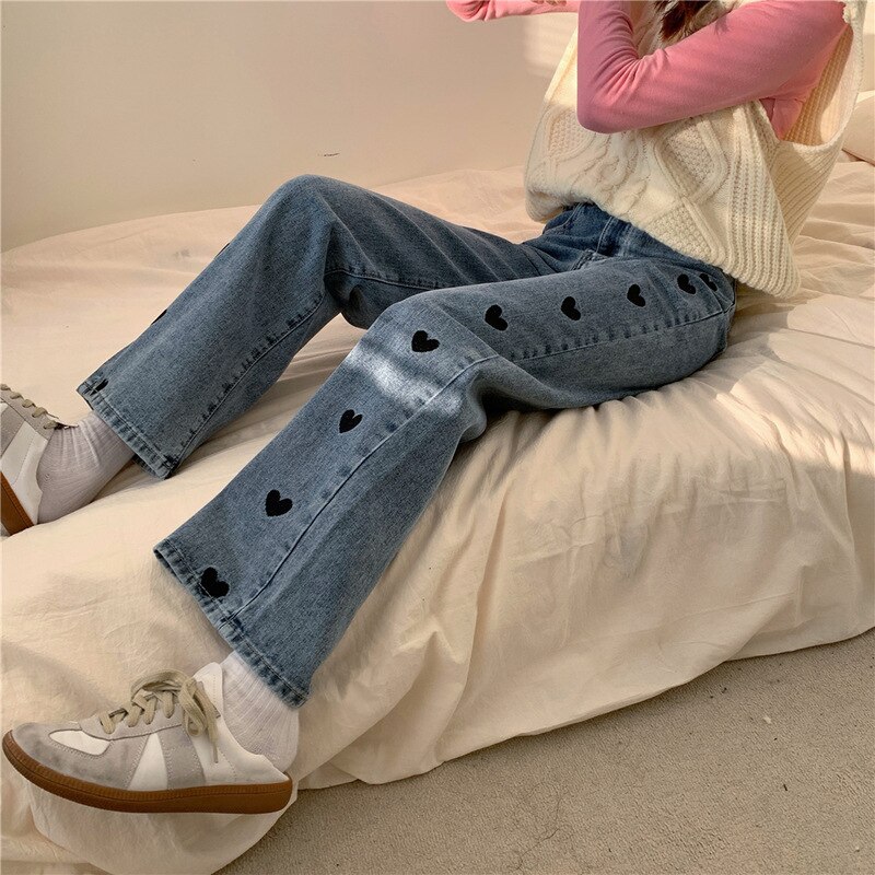 Jean Vintage imprimé en forme de cœur pour femme, pantalon en Denim, à jambes larges, droit, ample, à la , Y2K, Harajuku, automne hiver