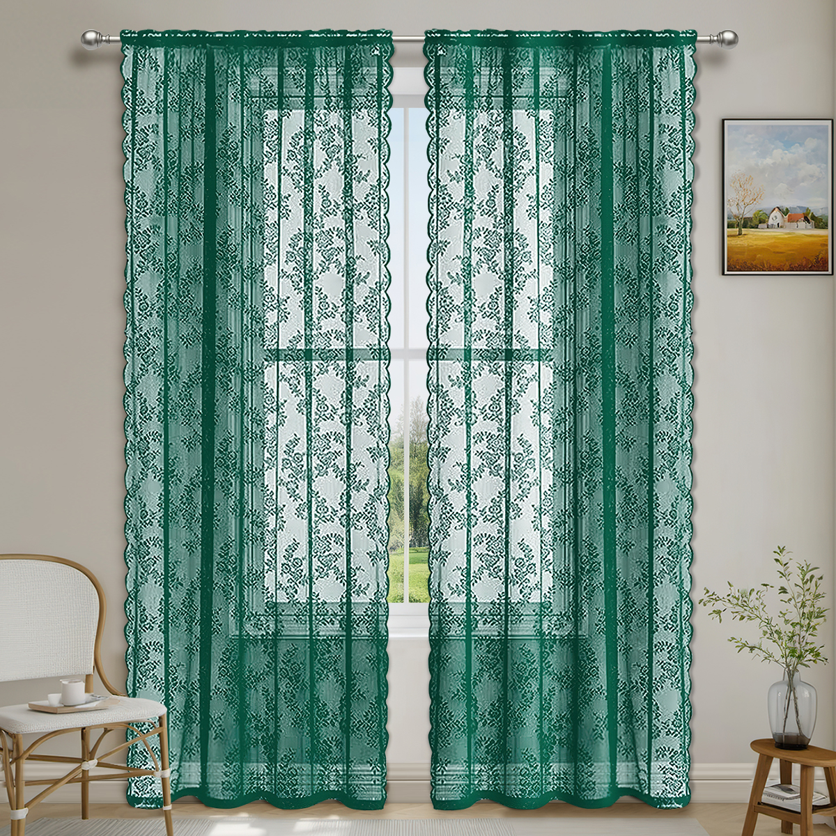 1pc Rose Pattern Single Panel Sheer Curtain, Embroidered Solid Lace Curtains for Home Decor, Window Screen Curtains: 5*2.6 / green