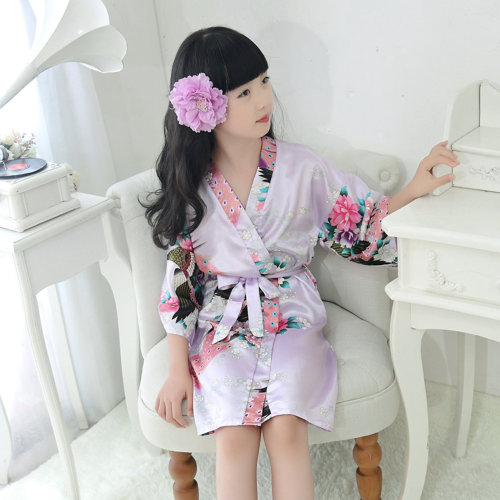 Japansk kimono barn satin pyjamas siden barn påfågel skönhet nattlinne badrock bebis flicka pyjamas sovkläder 3-12 y: A / 6 y