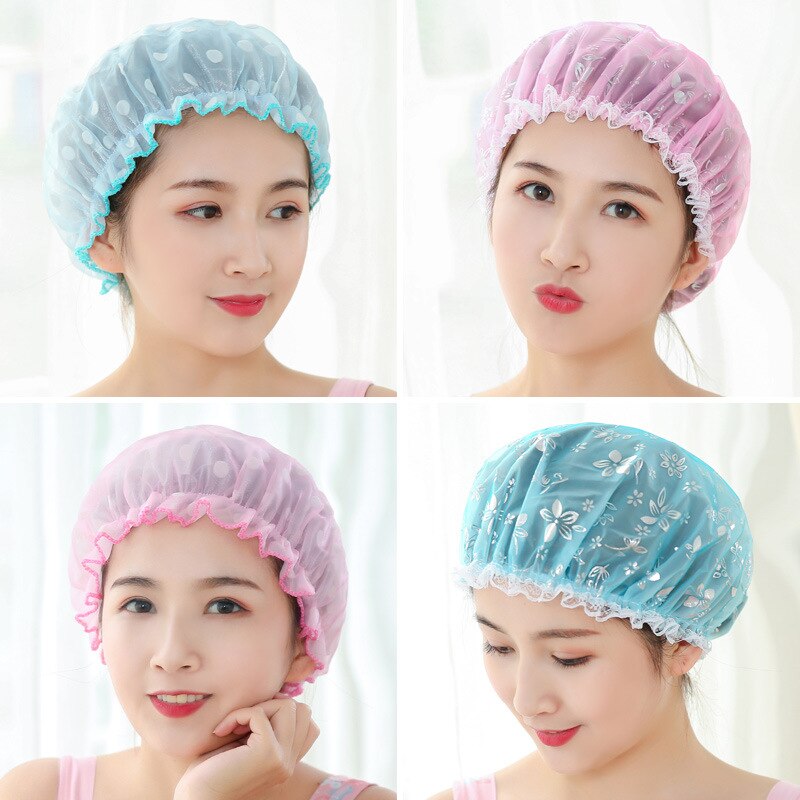 1 PC South Korean and lovely bath cap Adult woman double wave point shower cap Waterproof bath shower cap hat