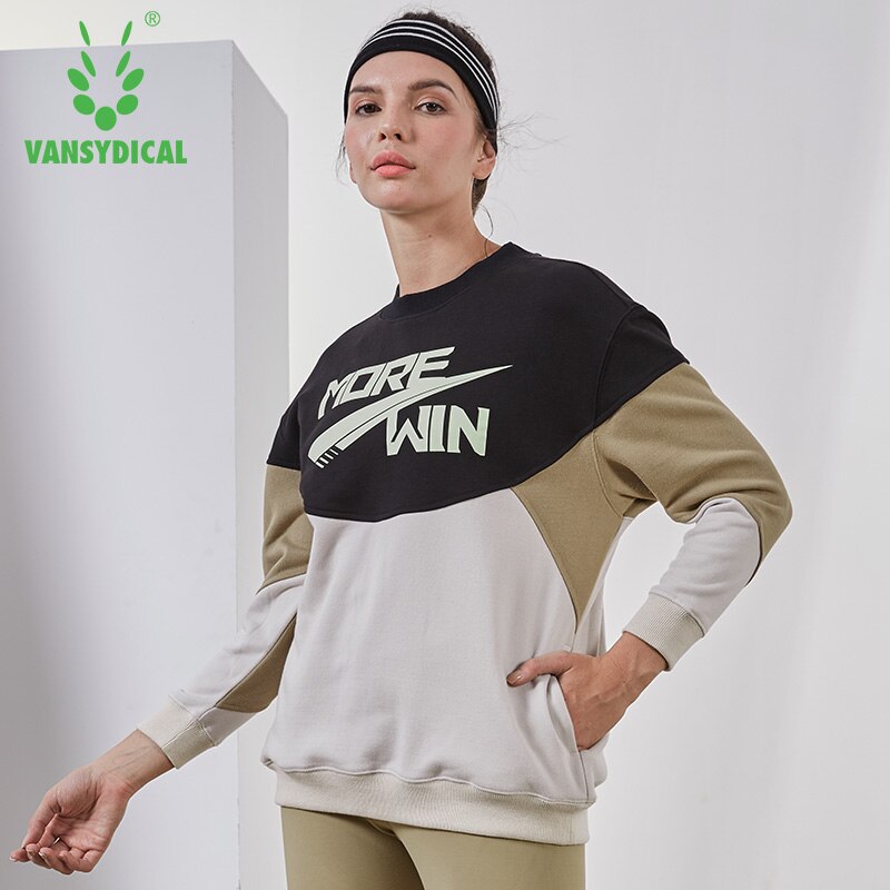 Vansydical Herfst Winter Sport Trui Vrouwen Gym Running Yoga Tops Lange Mouw Katoen Spliced Fitness Workout Truien