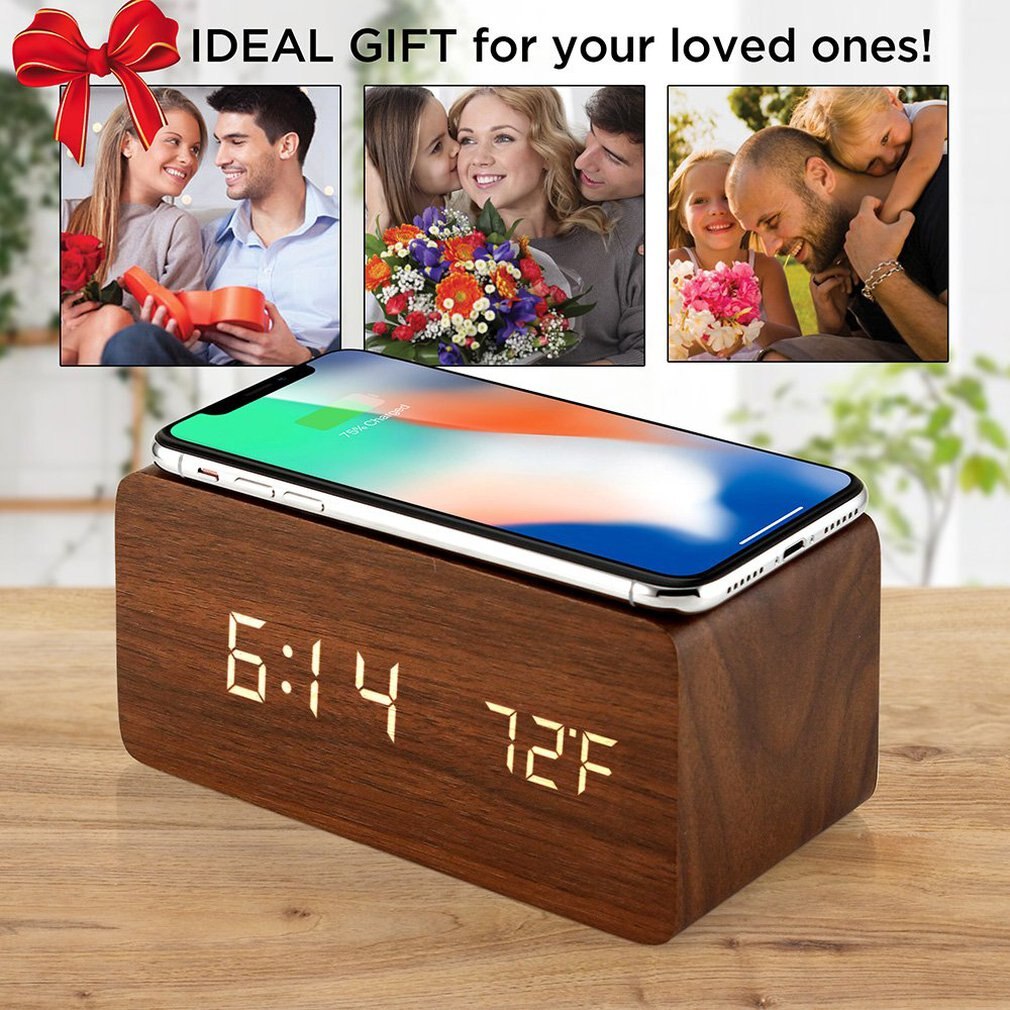 Wooden LED Digital Clock With Sound Control Time Date Temperature Displaying For Bedroom Office And Family