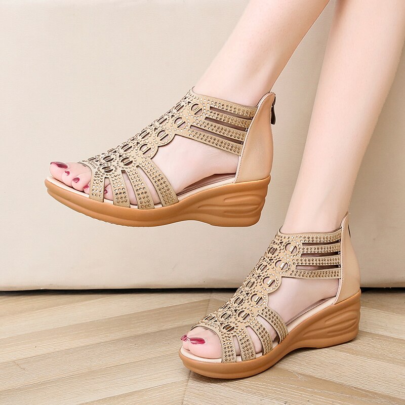 femme sandales femmes Cyrstal pompes confortables dames coins femme Rome Bling évider chaussures femmes Zip chaussures
