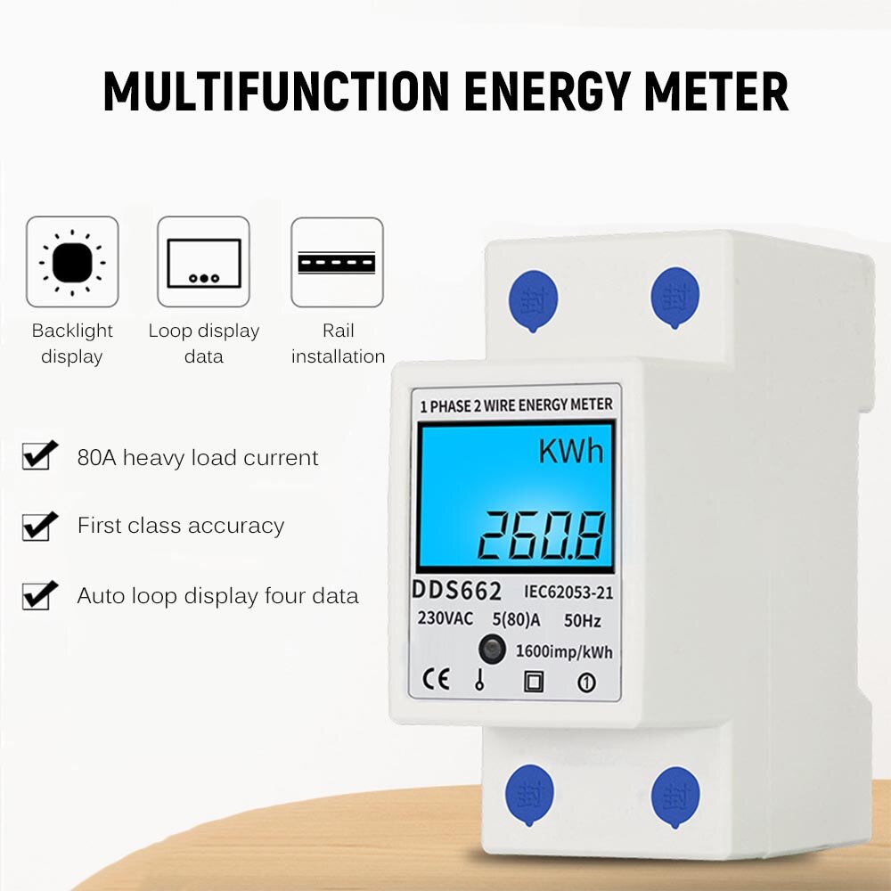 Digital Electric Energy Meter Single Phase DIN Rail Electricity Meter One Phase Two Wire Electrical Meter Wattmeter AC 220V 80A