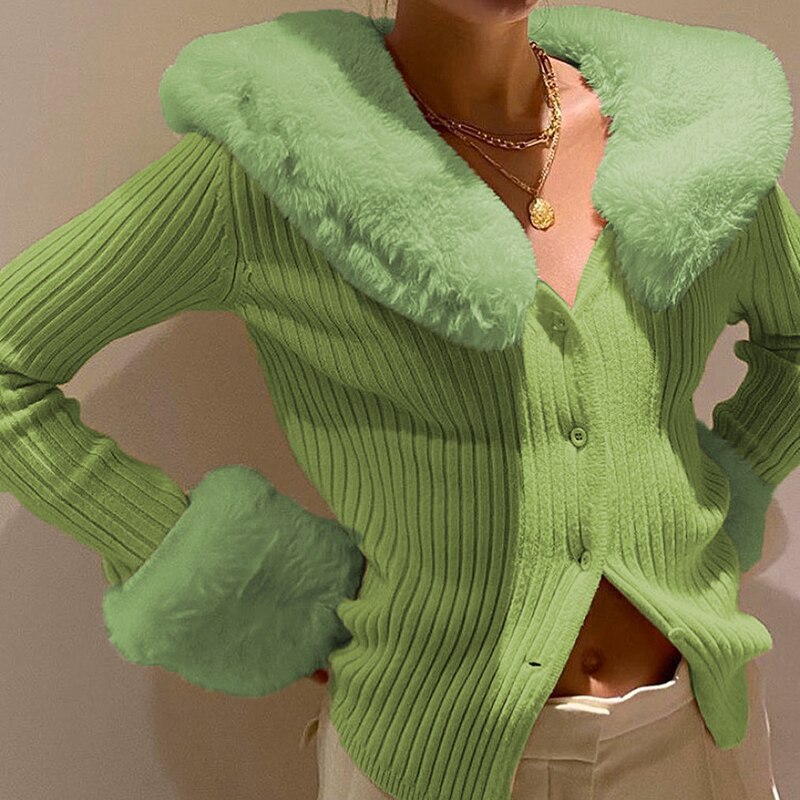 Kvinder cardigan trøjer hvid pels trim krave casual streetwear  y2k korte strik toppe varme vinter sweater toppe