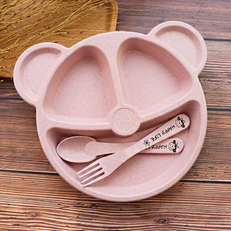 Baby Wheat Straw bowl+spoon+fork Feeding Food Tableware Cartoon Bear Kids Dishes Eating Dinnerware Set Anti Training Plate: Pink Set
