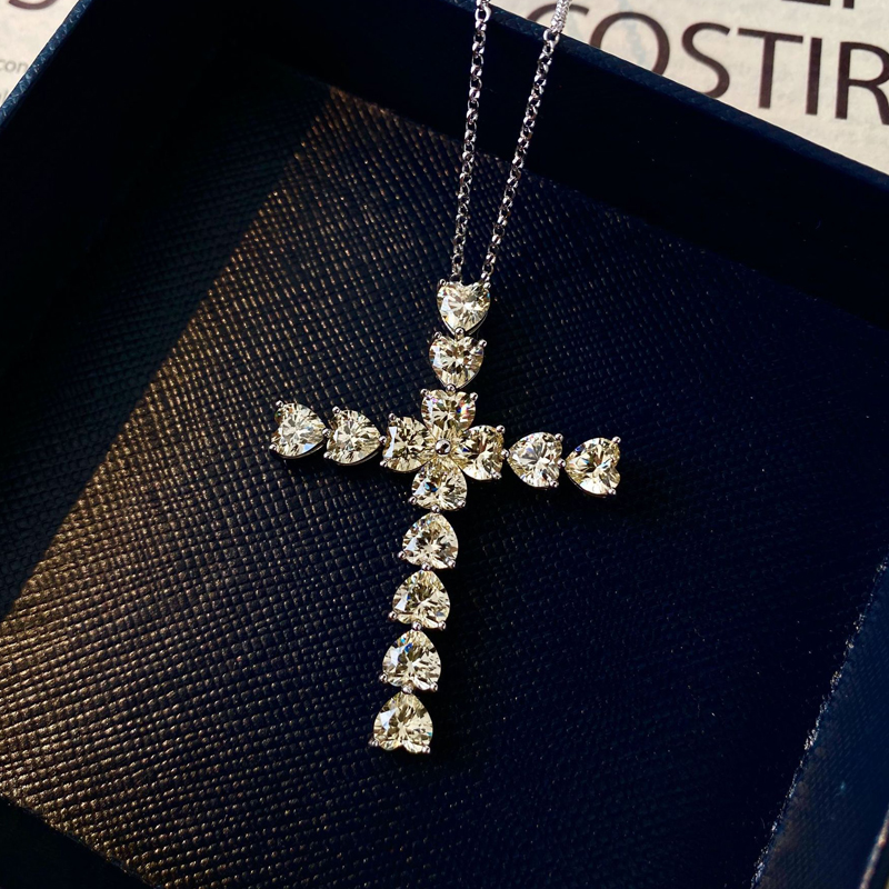 Oevas 100% 925 Sterling Zilver Sparkling Volledige 5*5Mm Hart Hoge Carbon Diamanten Kruis Hanger Ketting Vrouwen Party fijne Sieraden: YELLOW