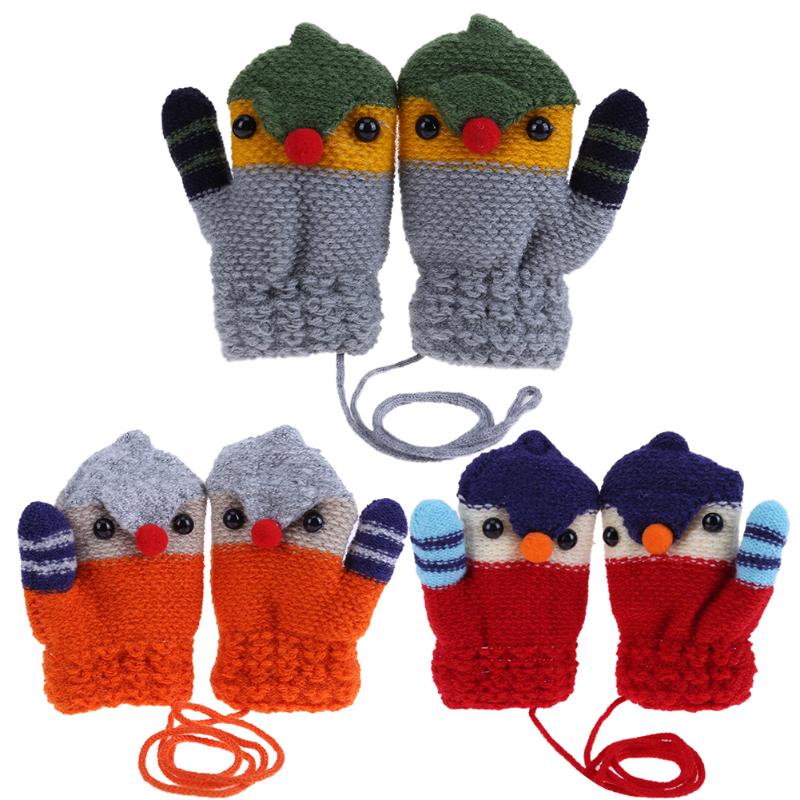 Children Knitted Elastic Fleece Thick Crochet Gloves Full Finger Mittens Cartoon Bird Mittens Warm Winter Gloves for Kids