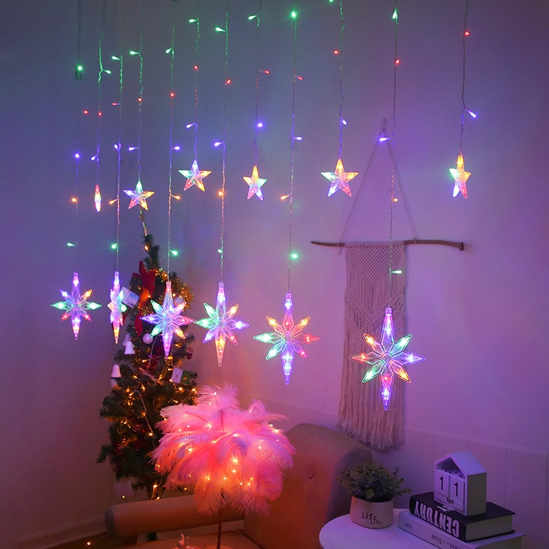 2.5m led nordstjerne gardin lys 220v eu julekrans string fe lys udendørs til vindue bryllup fest år indretning: Flerfarvet