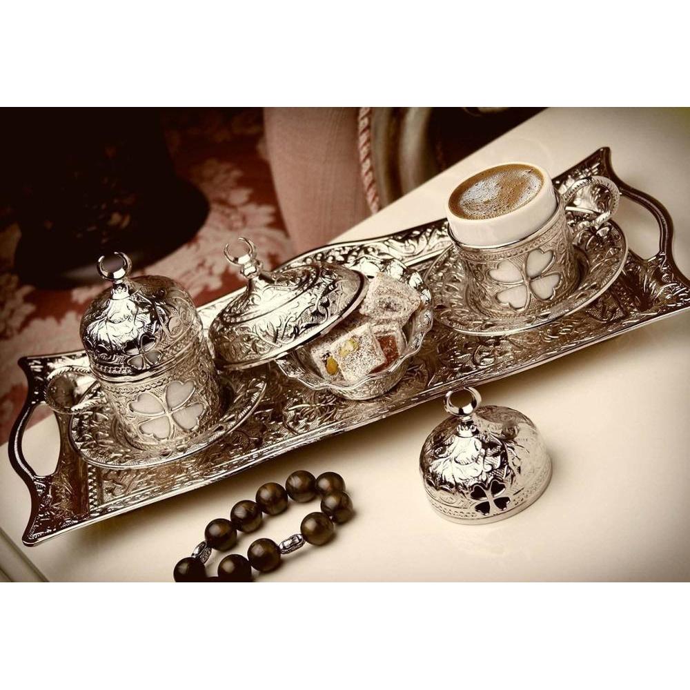 Handmade authentic Turkish Greek Arabic Coffee Espresso Set for 2 Service, Cups Saucers Lids Tray Delight Candy Dish