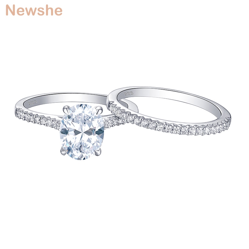 Newshe 2-teiliges Verlobungsring-Set aus 925er-Sterlingsilber, 1,9 ct ovale Form, AAAAA-Zirkon-Schmuck, Ewigkeits-Ehering BR0943