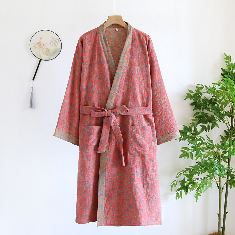 Batas de algodón puro para mujer, albornoz de manga 3/4 para primavera y otoño, batas de mañana estampadas para mujer, ropa holgada para el hogar, batas para dormir: L / Rosa