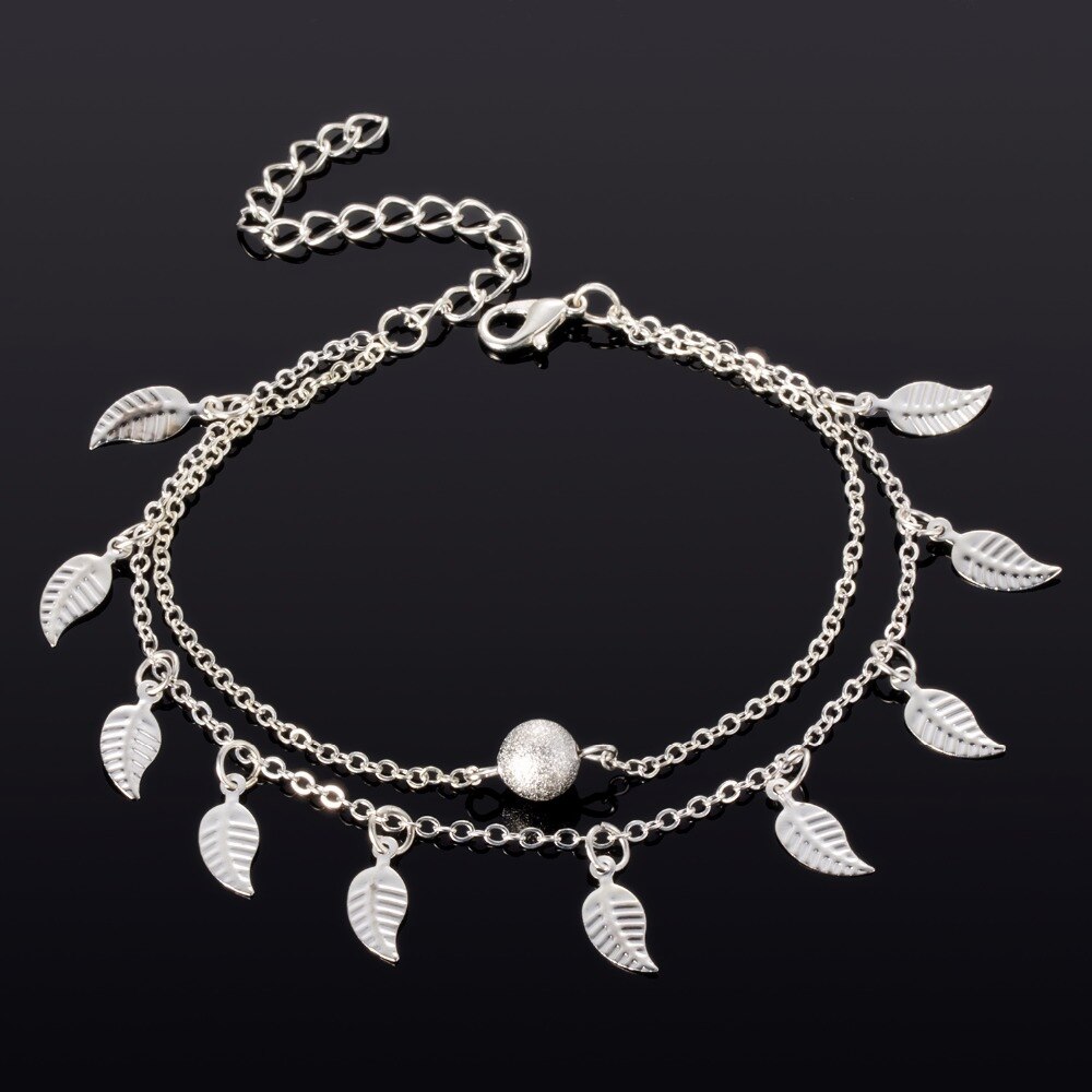 Bohemien Doppel Schicht Perlen Knöchel Armbinde für Frauen Bein Kette Leafs Quaste Fußkettchen Sommer Strand Fuß Schmuck Zubehör