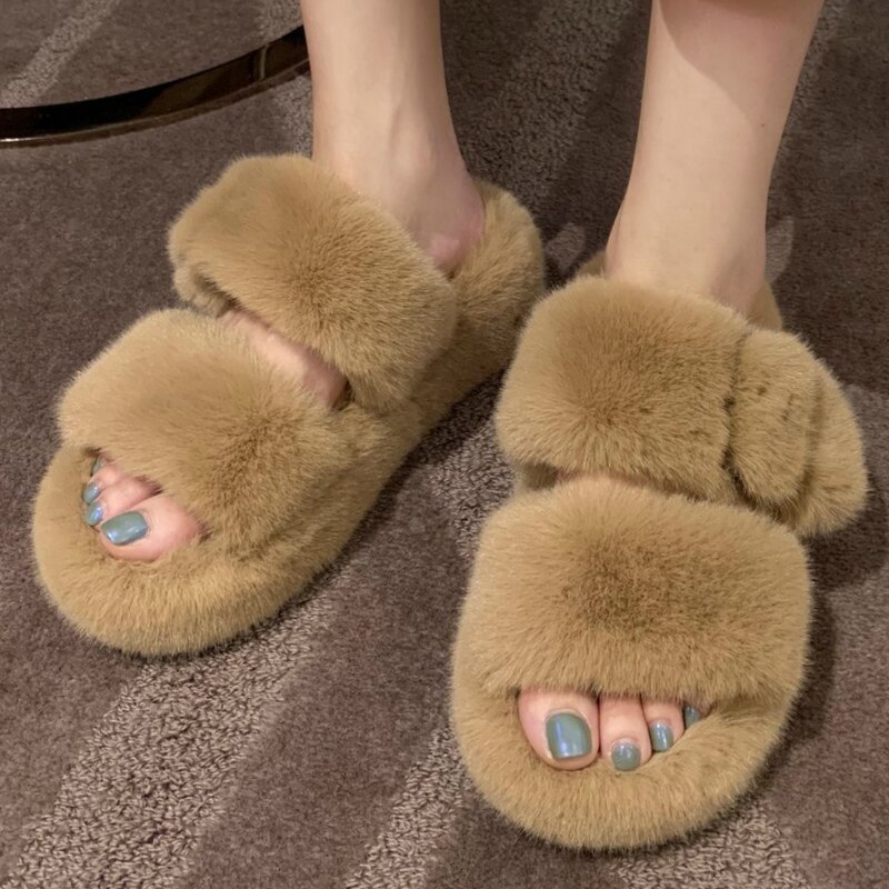 Women Fur Slippers Winter Platform Wedge Heel Indoor Non Slip Rubber Sole Slides Buckle Decoration Comfortable Shoes