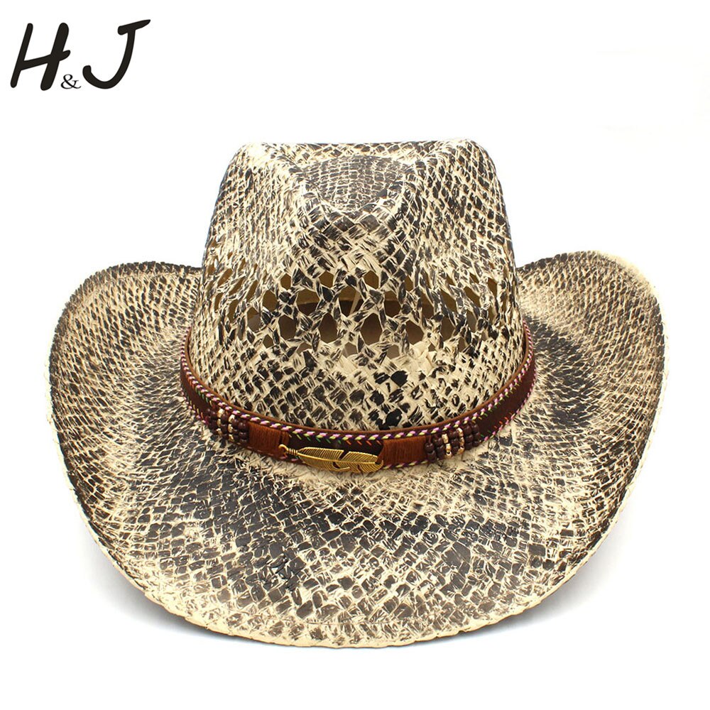 Sombrero de paja para Hombre y mujer, Sombrero de cowboy hecho a mano del Oeste, Sombrero de playa tejido para Hombre, Sombrero de Jazz para vaquera, cinta de hojas Punk, tamaño 56-58CM