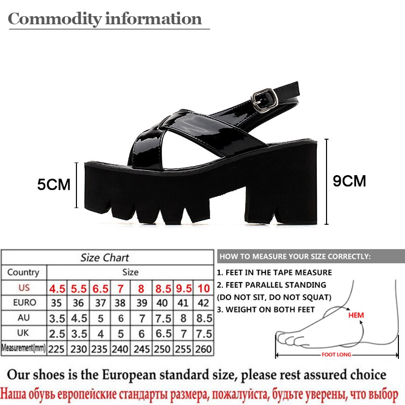 Gdgydh Lakleder Vrouwen Platform Sandalen Blok Hak Zwarte Zomer Schoenen Gothic Punk Schoenen Vrouw Terug Riem