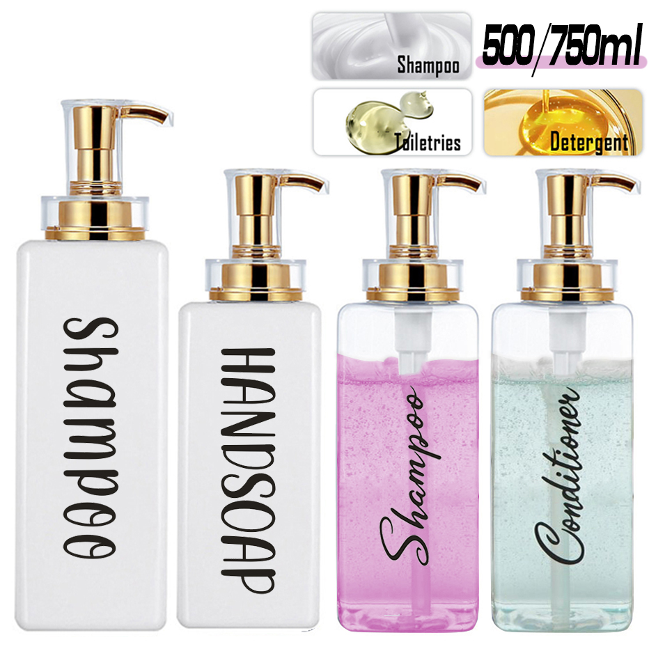 Bouteille distributrice de savon de douche, salle de bains, shampoing, après-shampooing, bouteille de lavage du corps avec étiquettes imperméables amovibles pour la décoration de la maison