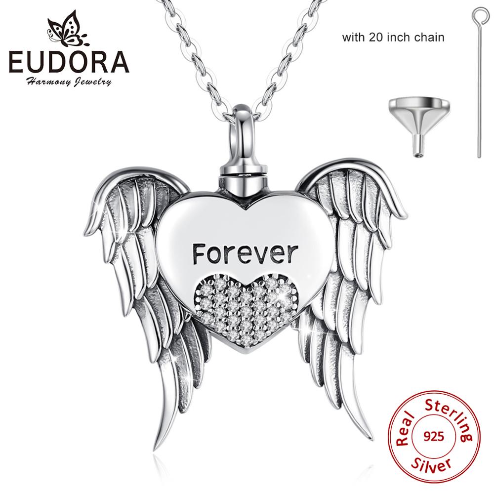 Eudora 925 Sterling Silve Heart wing Pendant Keepsake Heart CZ Locket Necklace Memorial Urn Jewelry for Cremation Ashes Of Loved