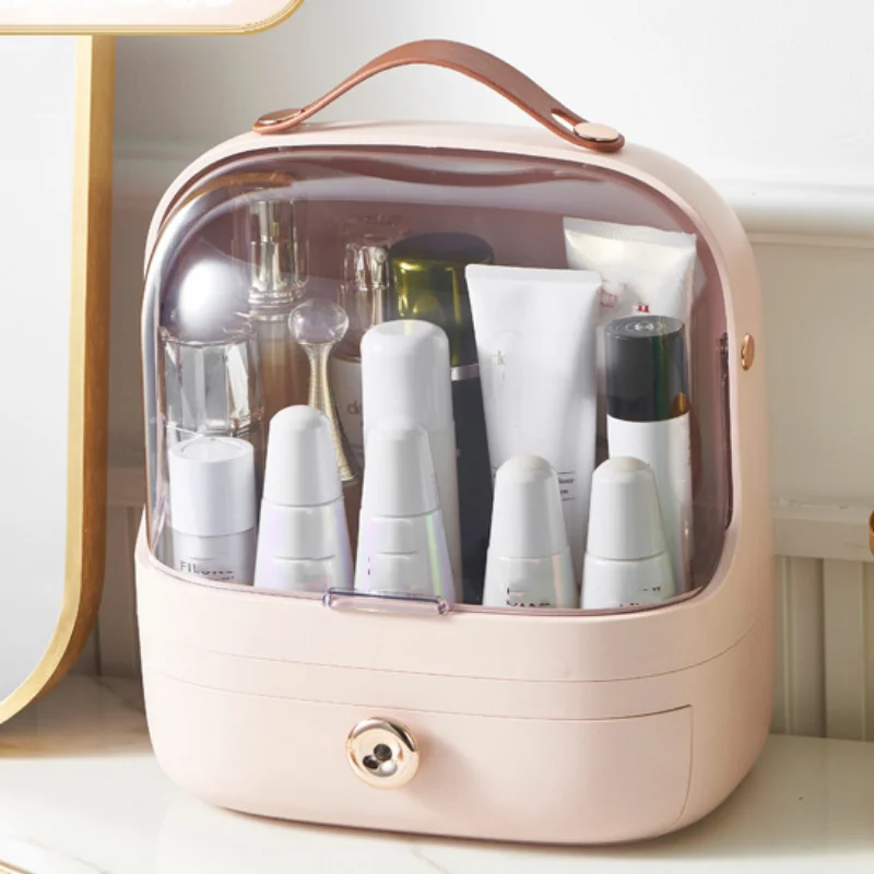 Organizadores de cosméticos de escritorio, caja de almacenamiento de joyería de maquillaje a prueba de polvo de gran capacidad con tapa, organizador impermeable para baño