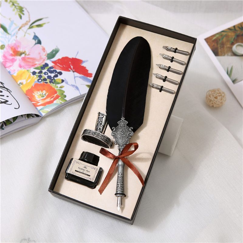 Retro Classical Feather Quill Dip English Calligraphy Fountain Pen with Writing Ink 5 Nibs Kit Set Stationery Box