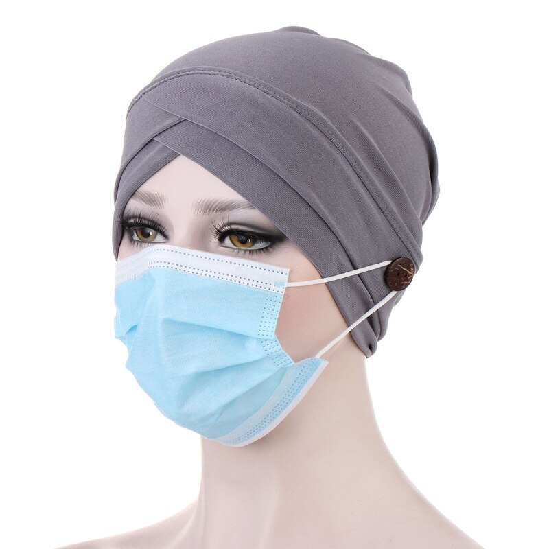 KepaHoo-turbante con botón para mujer, sombrero para envolver la cabeza, pañuelo para la cabeza, gorro interior, Hijab musulmán, gorros de quimio, Turbantes
