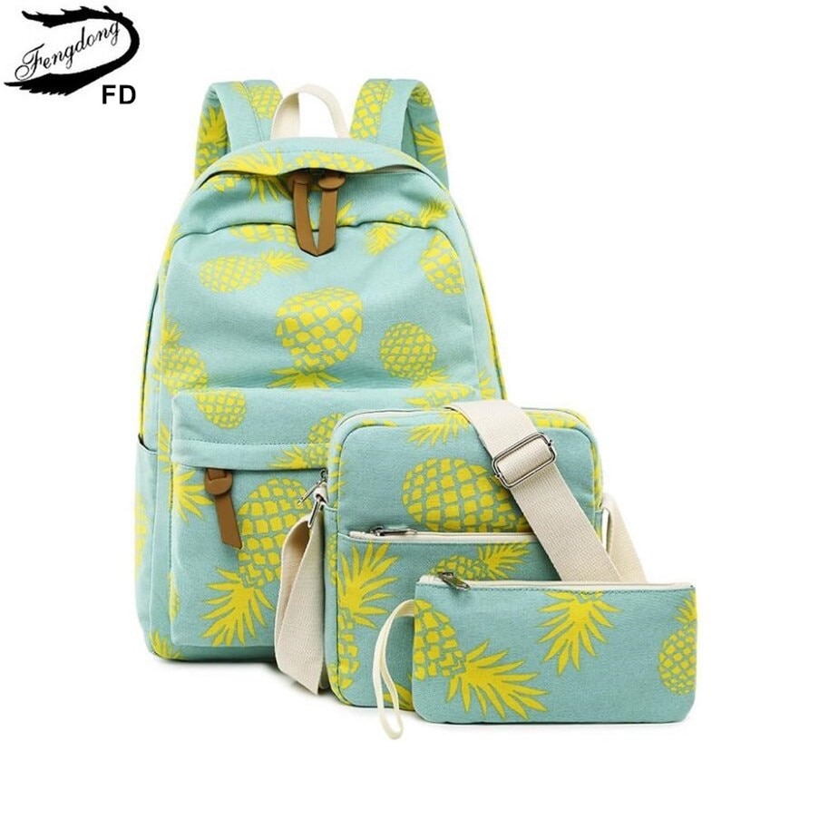 FengDong 3 teile/satz nette ananas druck rucksack kinder schule taschen für mädchen stift bleistift tasche kind mädchen schule rucksack set