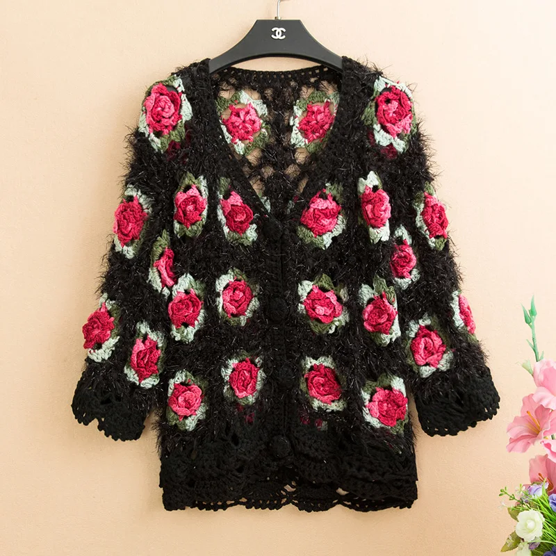 3d blomsterde damecardigans mohair hæklede cardigans til kvinder roseblomsttrøjer strikkede toppe: Sort