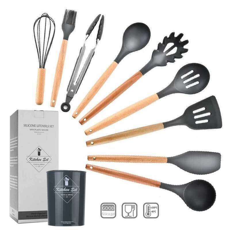 Black Silicone Cooking Utensils Set Kitchenware Heat Resistant Non-Stick Cooking Utensils Baking Kitchen Tools with Storage Box: 9 Pcs With Box