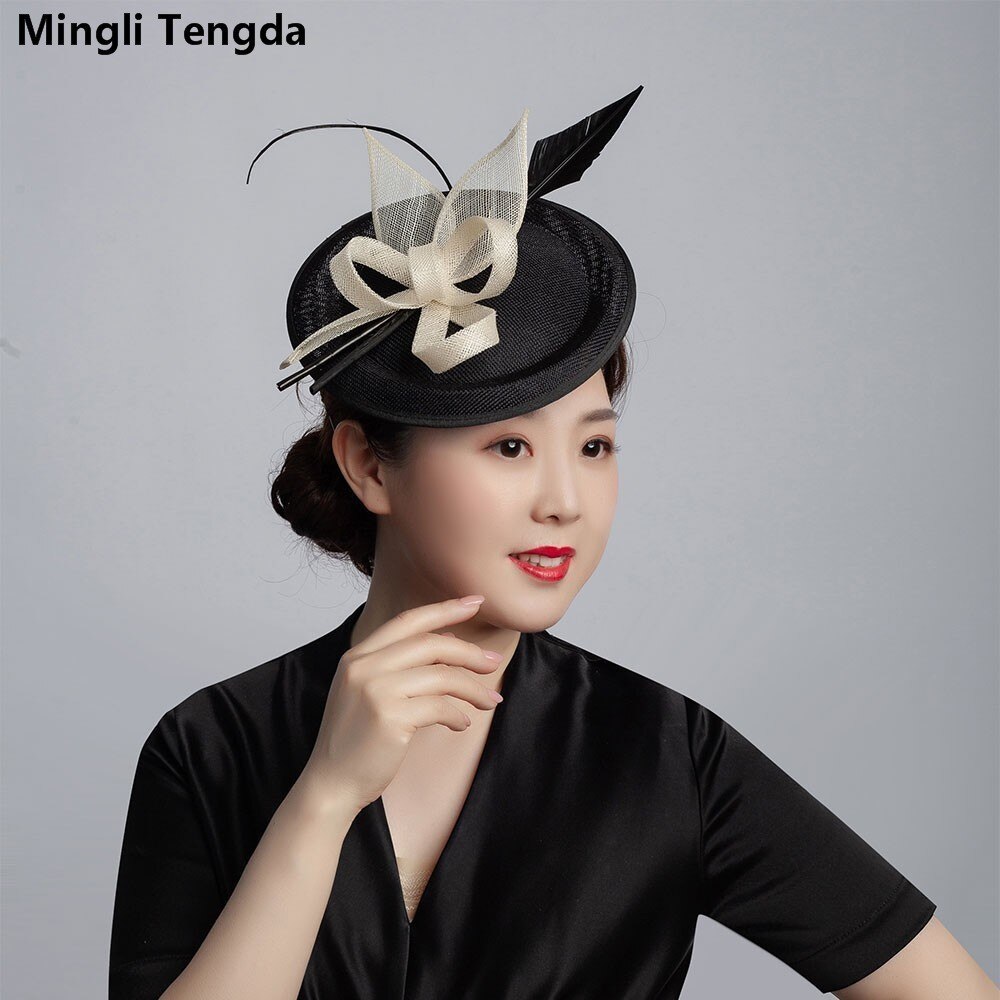 Mingli Tengda 6 colores Filipinas Cambric sombrero de Bodas de lino de la pluma nupcial tocado mujeres sombreros Azul Real