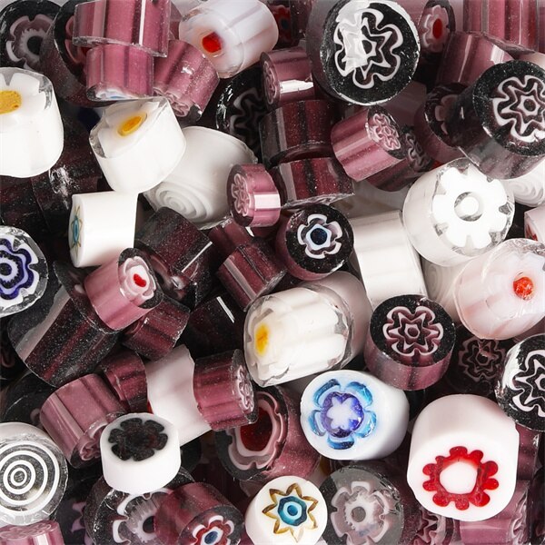 400g/14.11oz Colorful Millefiori Glass Beads Mosaic Tiles Thousand Flower Beads Cylinder Shape DIY Hobbies and Crafts Materials: White Purple