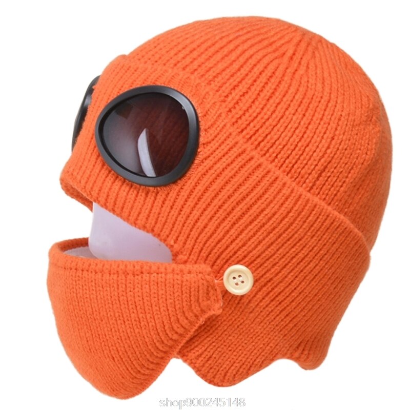 2 In 1 Ribbed Knit Beanie Hat Mouth Mask Set Warm Windproof Snow Cuffed Earflap Cap with Glasses Goggles N03 20: Orange