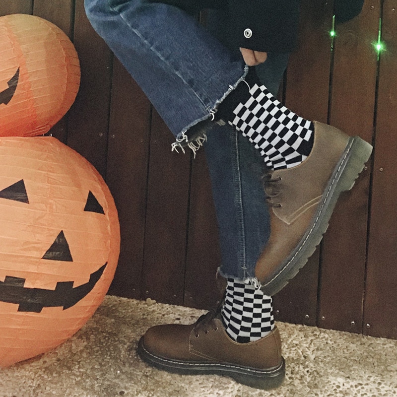 Hop katoen unisex streetwear nieuwigheid sokken korea funky harajuku trend geometrische geruite sokken mannen hip vrouwen schaakbord sokken