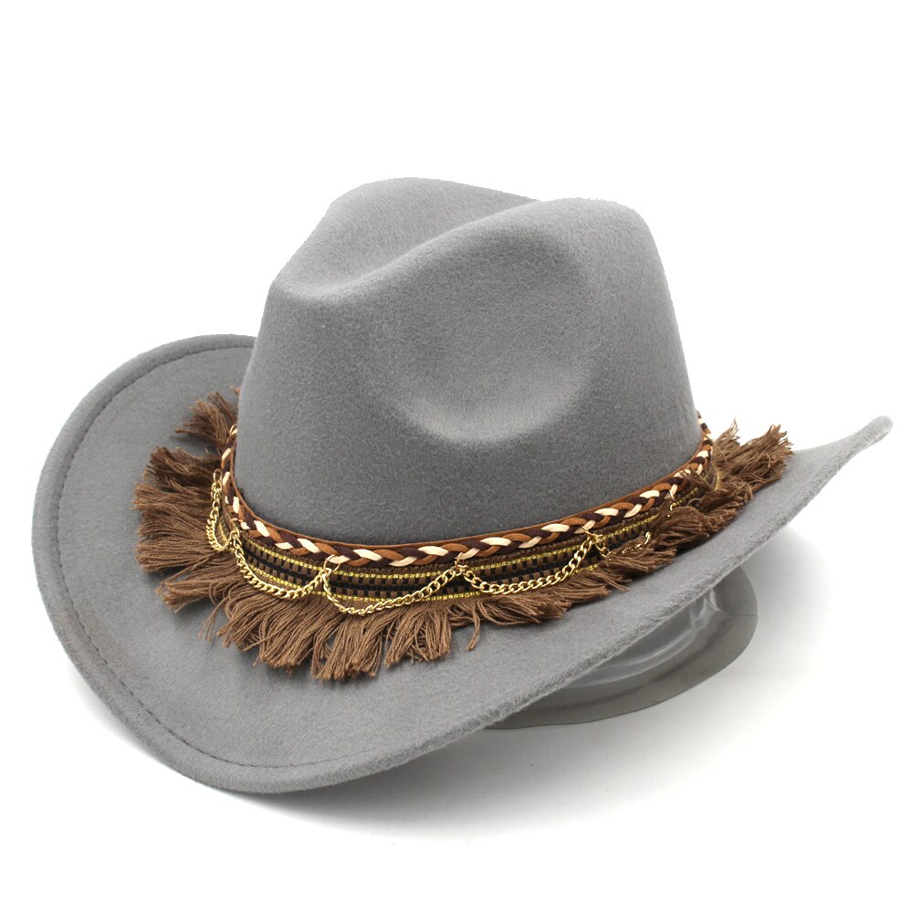 Mistdawn-sombrero vaquero occidental para mujer, gorra de disfraz de vaquera, visera ancha de lana, banda trenzada, talla 56-58cm, BBG: Gray