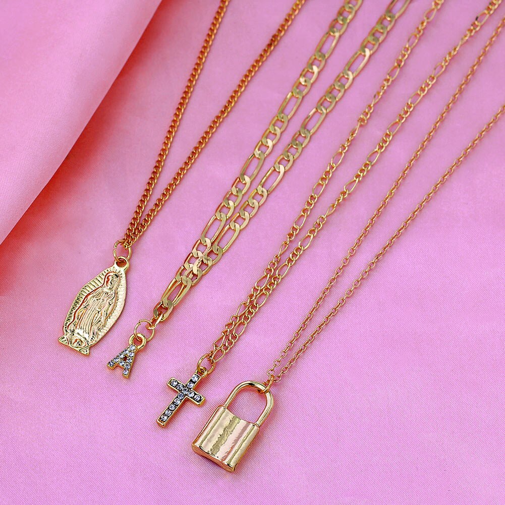 Flatfoosie gouden kristallen letterkruishanger ketting voor vrouwen punk multilayer portretslot lange ketting sieraden