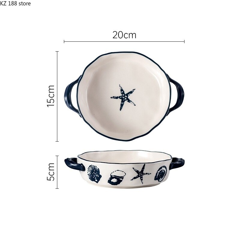 Nordic Ocean Style Ceramic Plates Set Baking Pan Household Dishes Binaural Square Round Cheese Baked Rice Bowl Retro