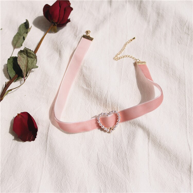 Vintage Pearl Velvet Chokers naszyjniki dla kobiet dziewczyn śliczne Retro geometryczne serce kołnierz naszyjnik biżuteria sztuczna hurtownia prezent: N0450 Pink Heart
