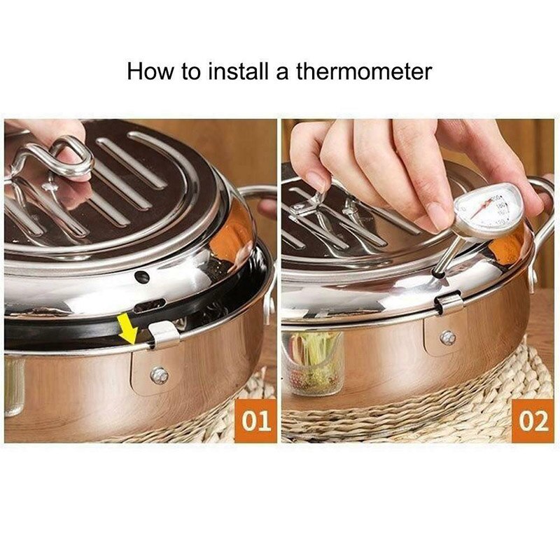 Tempura Fryer with Thermometer Lid Non-stick Stainless Steel Frying Pot for Kitchen MSU88