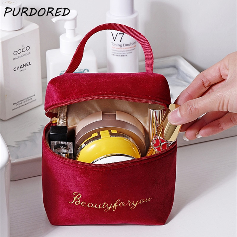 1 bolso para cosméticos de terciopelo de PURDORED, bolsa de maquillaje de viaje, organizador de Color sólido, bolsa de maquillaje femenina, neceser