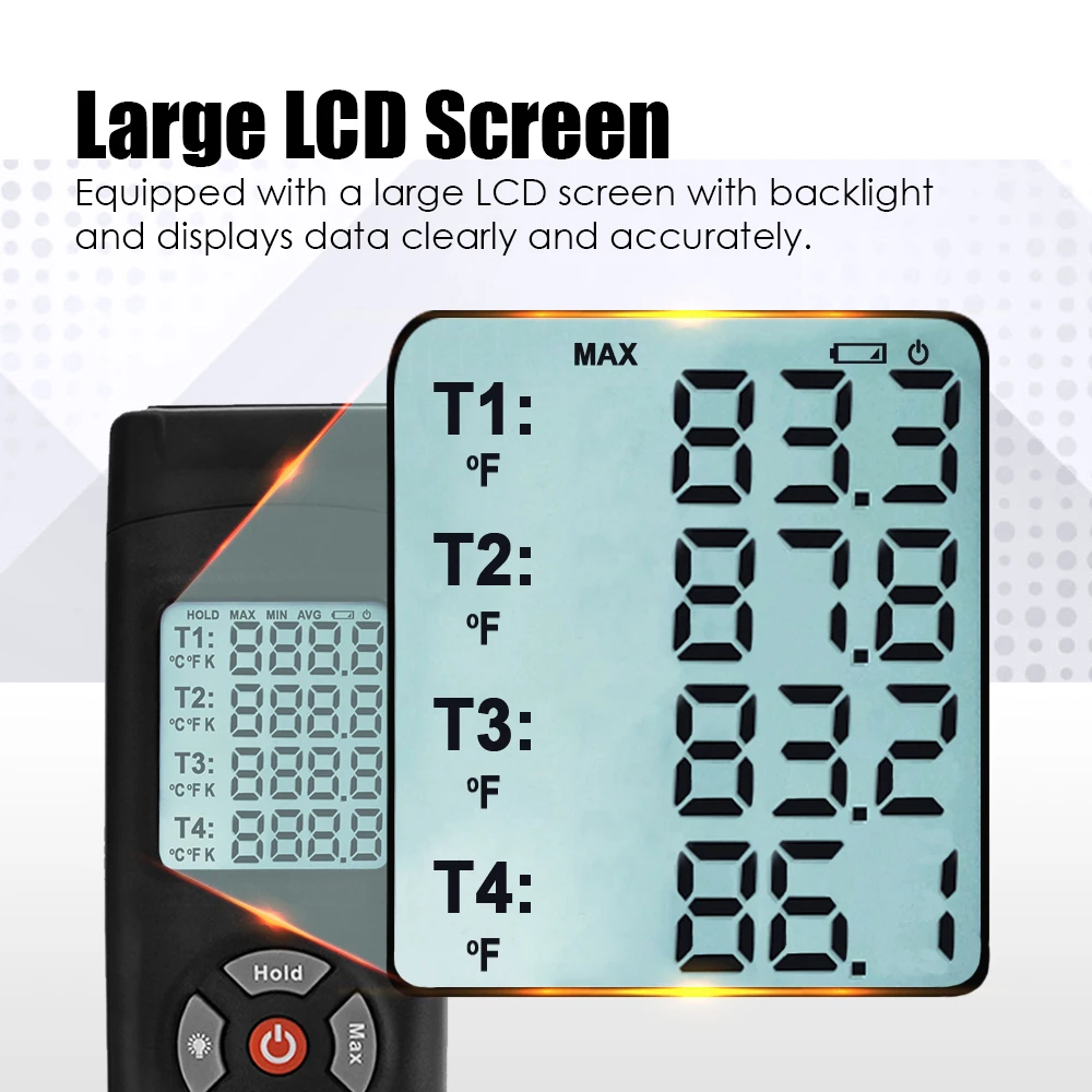Termómetro de termopar tipo K J T E R S N, pantalla Dual y de 4 canales, herramienta de medición de laboratorio Industrial con sonda de termopar